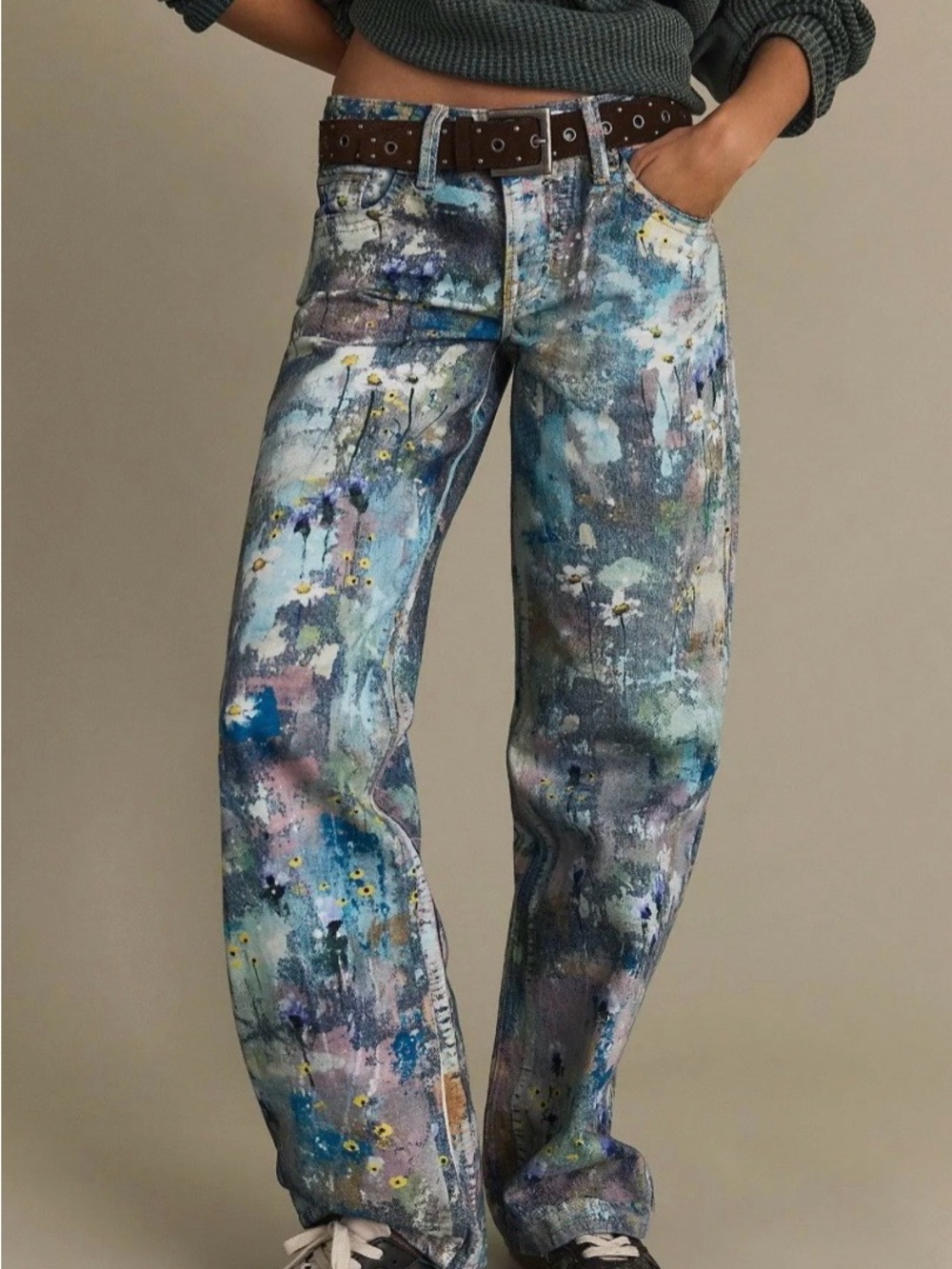 Free People Tennessee Low Rise Illusion Jeans Floral Canvas Paint